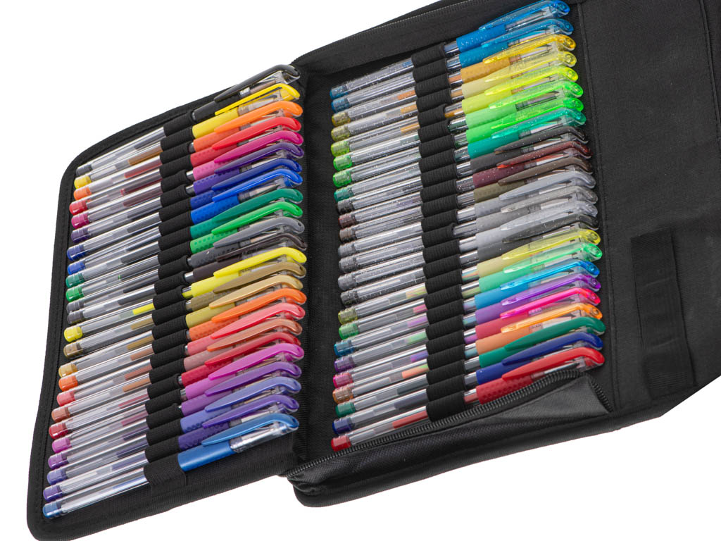 Set 120 pixuri cu gel + 120 de rezerve, 4 tipuri de culori, metalice, fluorescente, glitter si multicolore, geanta depozitare, carte de colorat Set 120 pixuri cu gel + 120 de rezerve, 4 tipuri de culori, metalice, fluorescente, glitter si multicolore, geanta depozitare, carte de colorat
